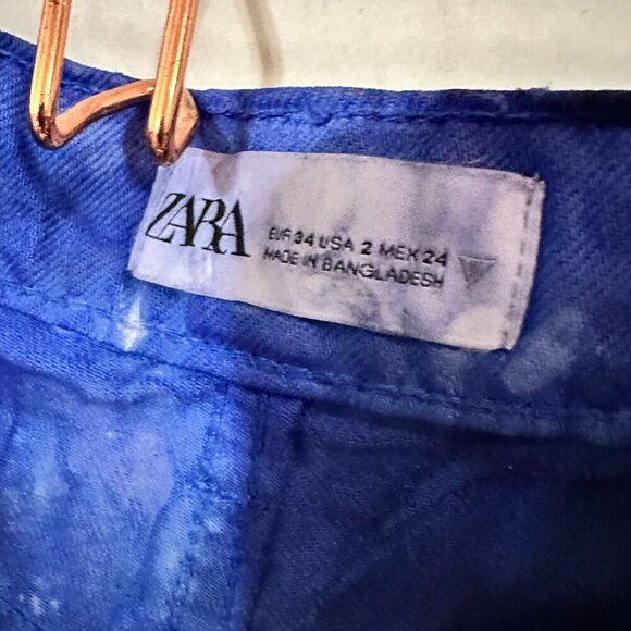 Zara Size 2 Blue Denim Shorts Jeans Tie Dyed Distressed Hot Fringe Tied Dye OOAK - Picture 2 of 8